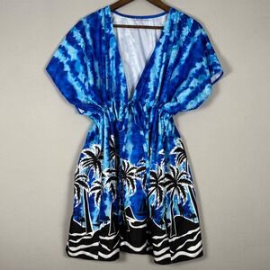 La Leela Kaftan Swim Cover Up OSFM Blue Tie Dye Tropical Palm Tree NWOT